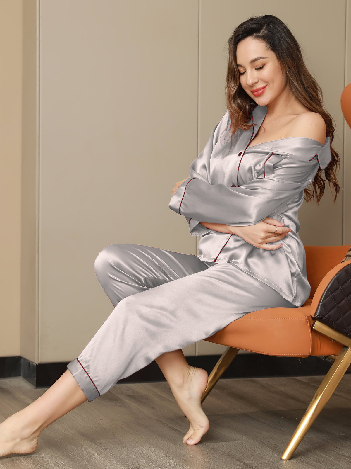 [Silver] SilkSilky-CA Pure Silk Long Sleeve Lapel Women's Pajamas 003