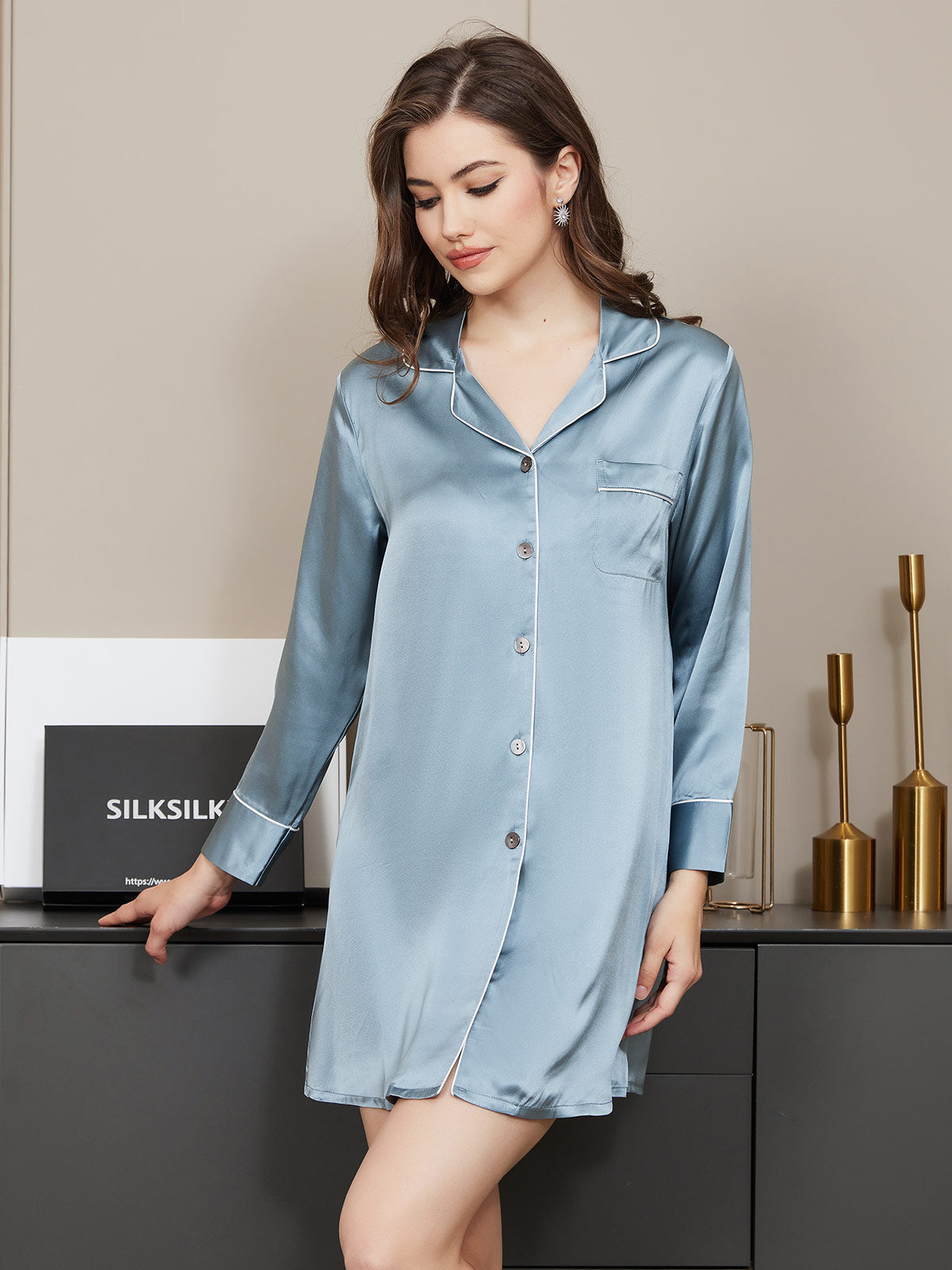 [Steel Blue] SilkSilky-CA Pure Silk Long Sleeve Lapel Nightshirt 002