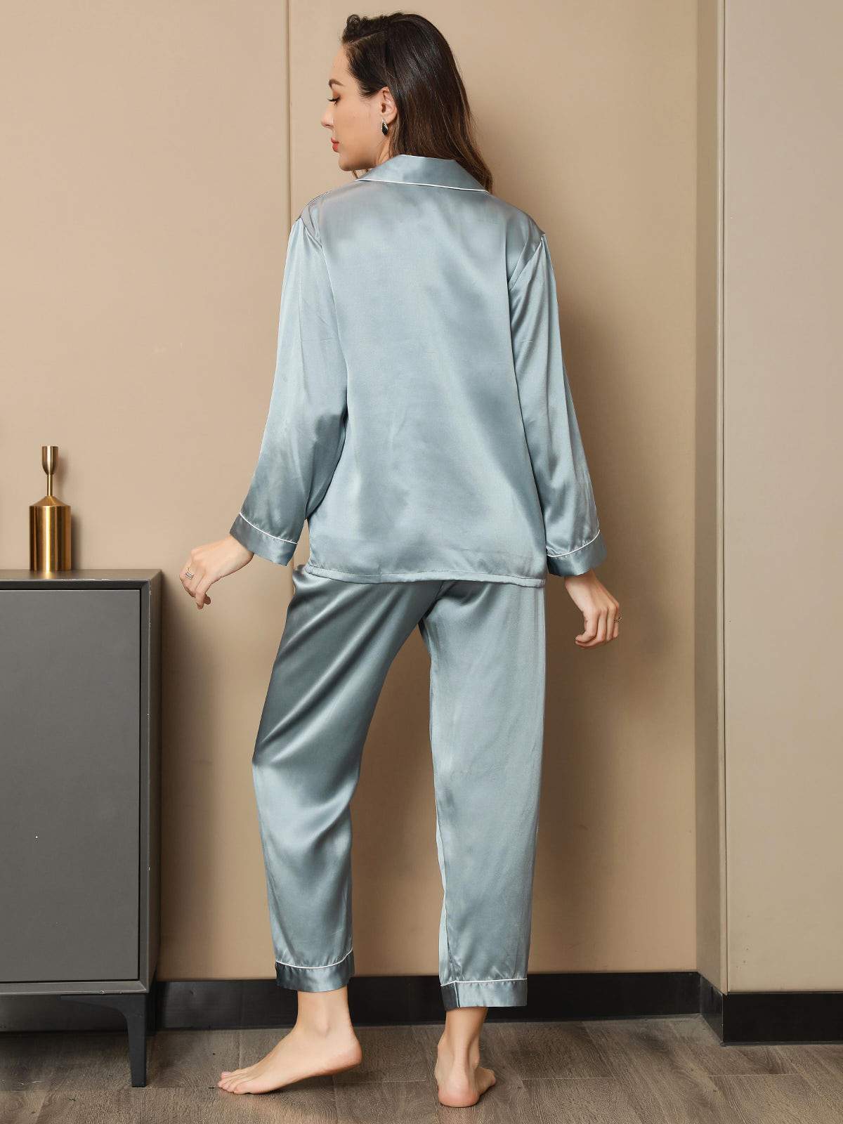 [Steel Blue] SilkSilky-CA Pure Silk Long Sleeve Lapel Women's Pajamas 002