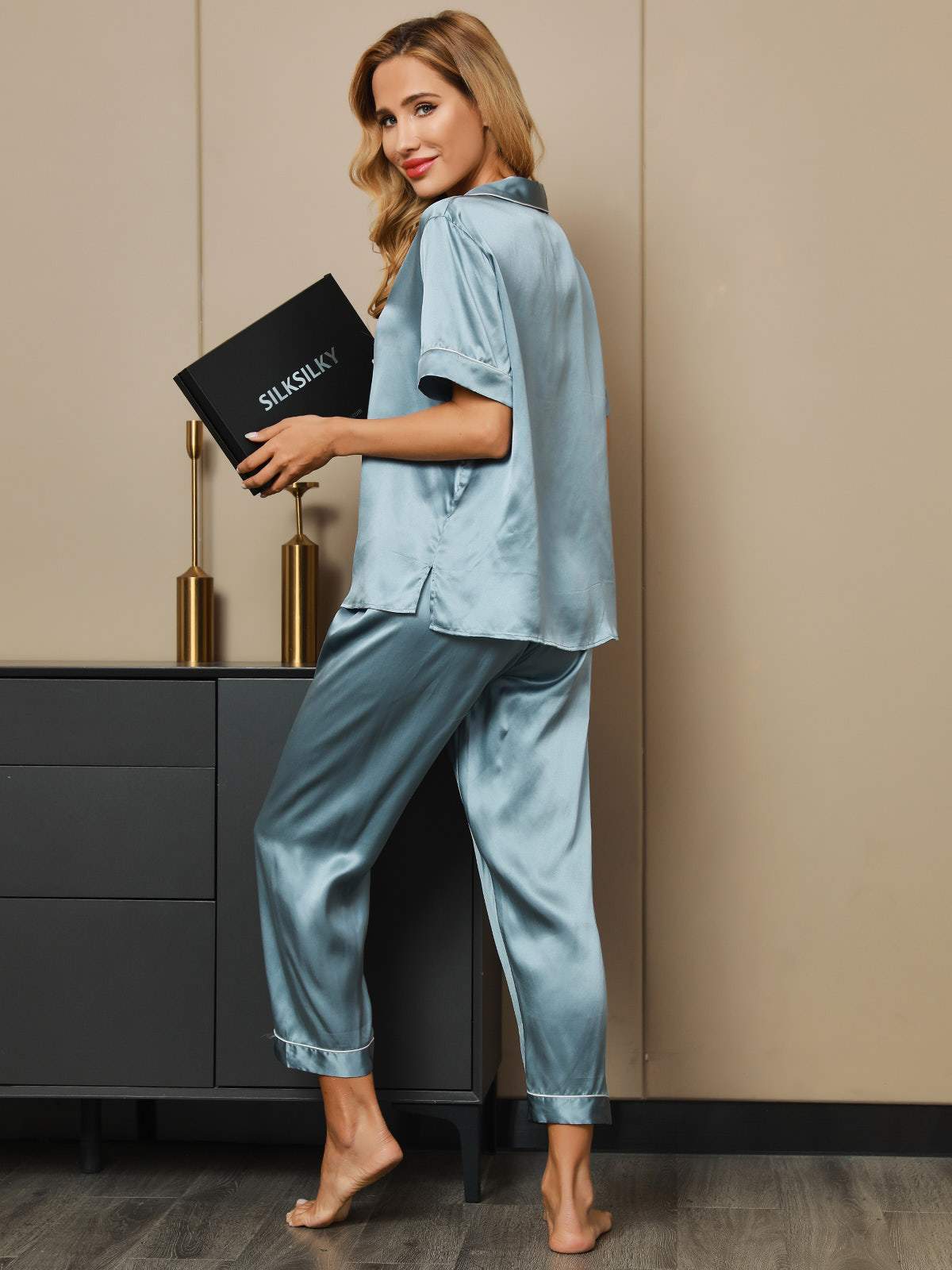 [Steel Blue] SilkSilky-CA Pure Silk Short Sleeve Lapel Women's Pajamas 005