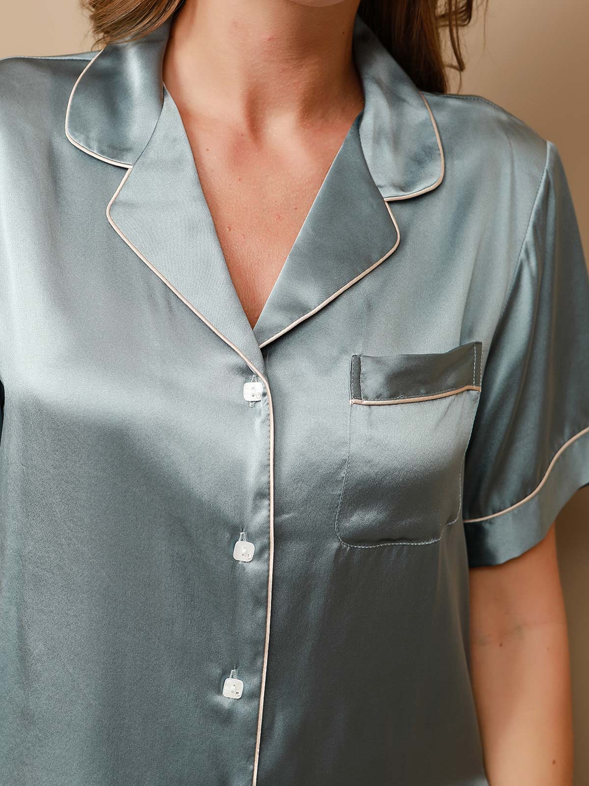 [Steel Blue] SilkSilky-CA Pure Silk Short Sleeve Lapel Women's Pajamas 008
