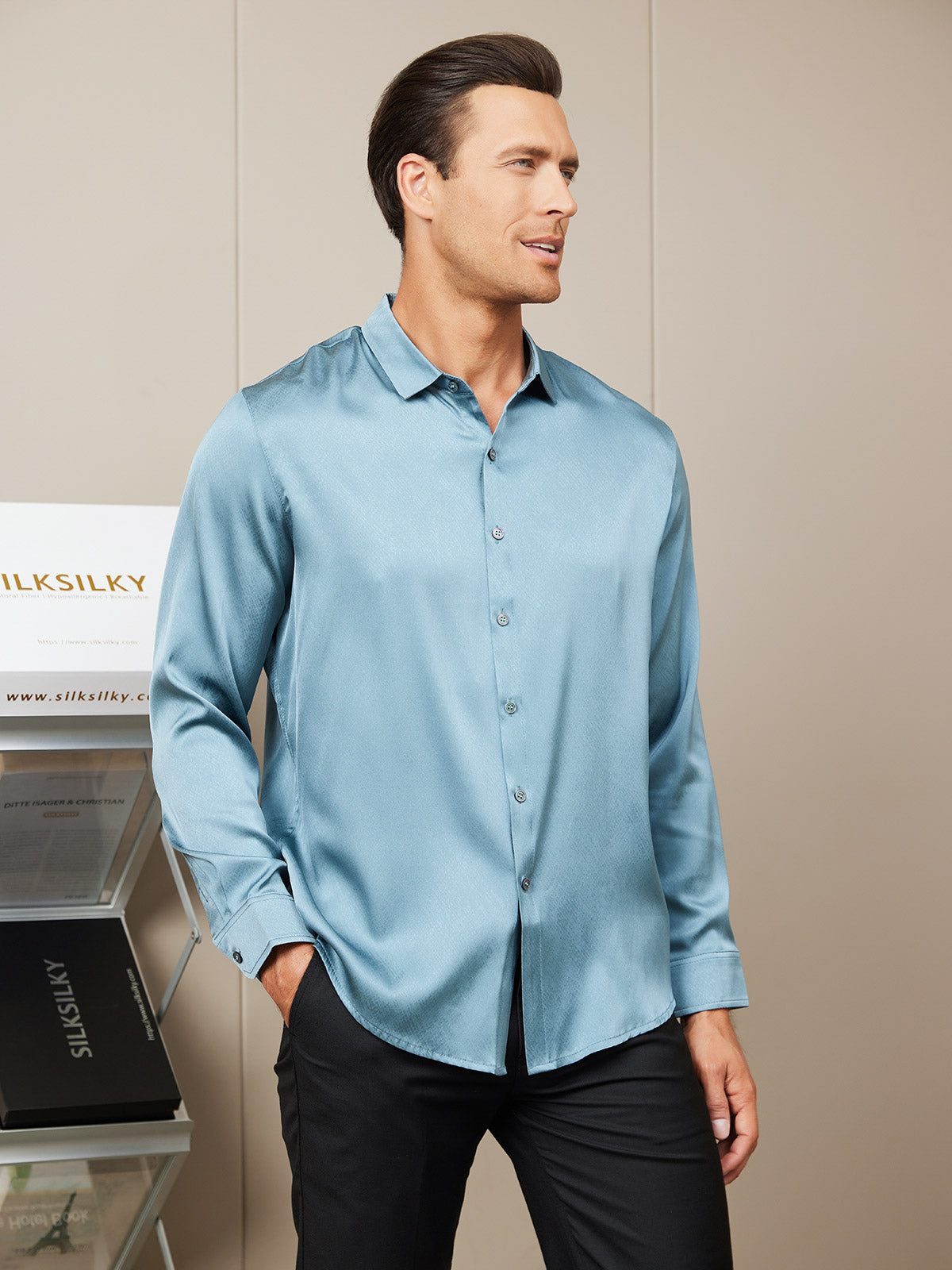 [Steel Blue] SilkSilky-CA Silk Long Sleeve Collar Men's Shirt 001