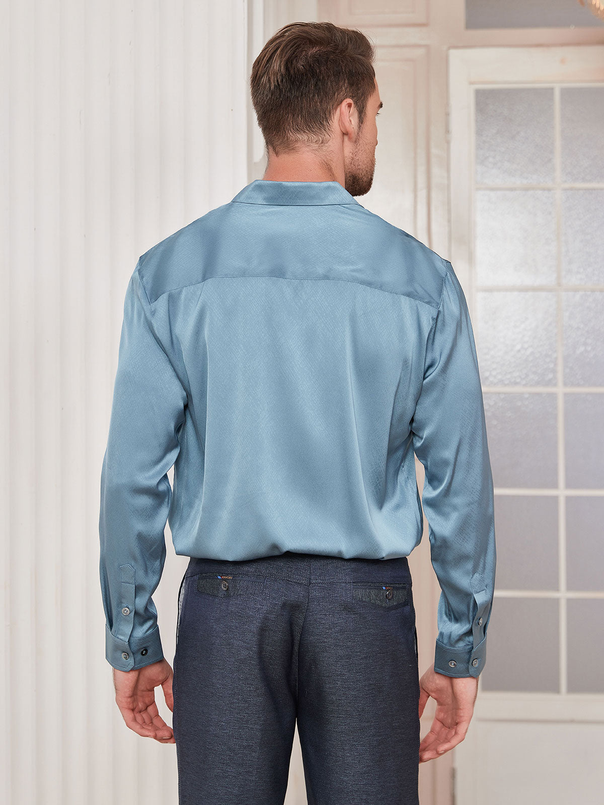 [Steel Blue] SilkSilky-CA Silk Long Sleeve Collar Men's Shirt 002