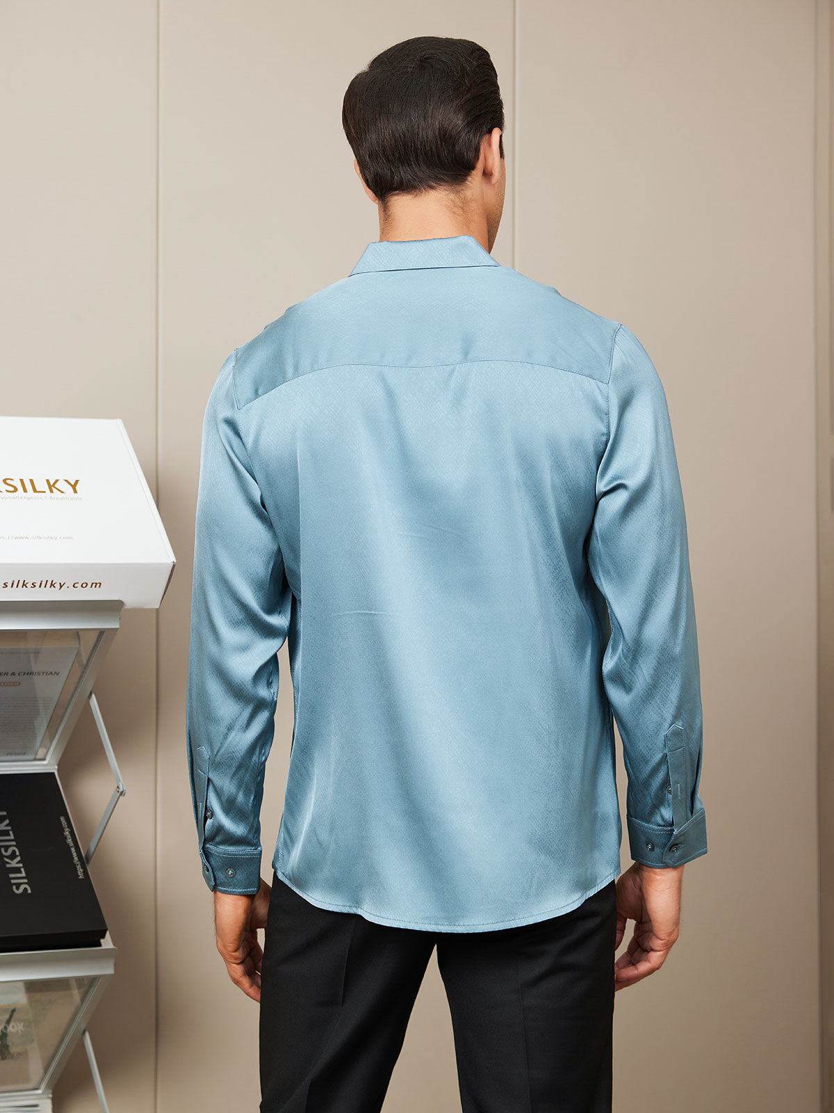 [Steel Blue] SilkSilky-CA Silk Long Sleeve Collar Men's Shirt 002