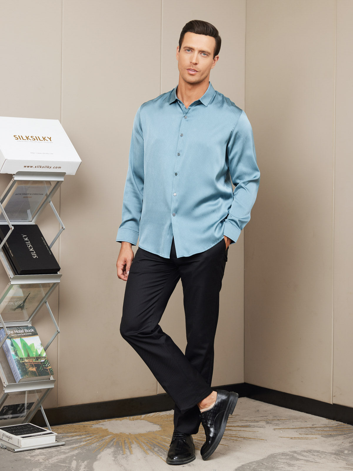 [Steel Blue] SilkSilky-CA Silk Long Sleeve Collar Men's Shirt 005