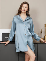 [Steel Blue] SilkSilky-CA Long Sleeve Notch Collar Nightshirt 001