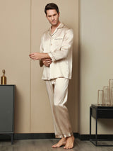 [Tan] SilkSilky-CA Pure Silk Long Sleeve Lapel Men's Pajamas 002
