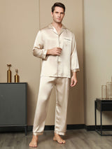 [Tan] SilkSilky-CA Pure Silk Long Sleeve Lapel Men's Pajamas 003