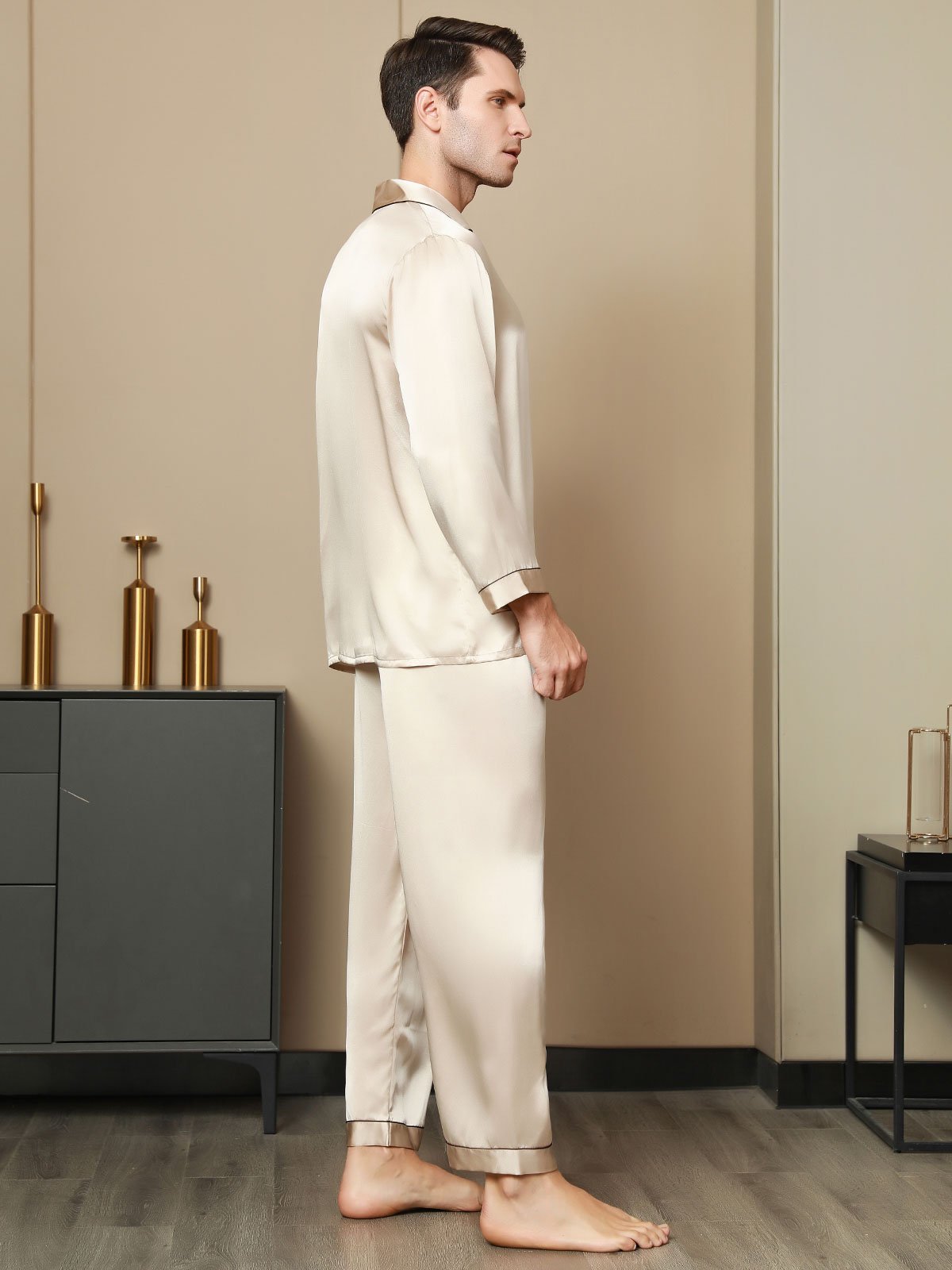 [Tan] SilkSilky-CA Pure Silk Long Sleeve Lapel Men's Pajamas 004