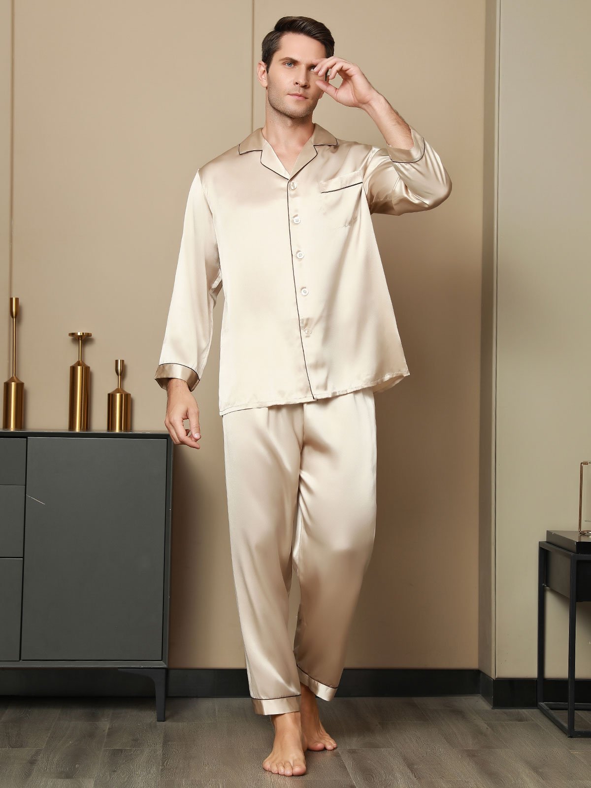 [Tan] SilkSilky-CA Pure Silk Long Sleeve Lapel Men's Pajamas 005