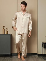 [Tan] SilkSilky-CA Pure Silk Long Sleeve Lapel Men's Pajamas 007