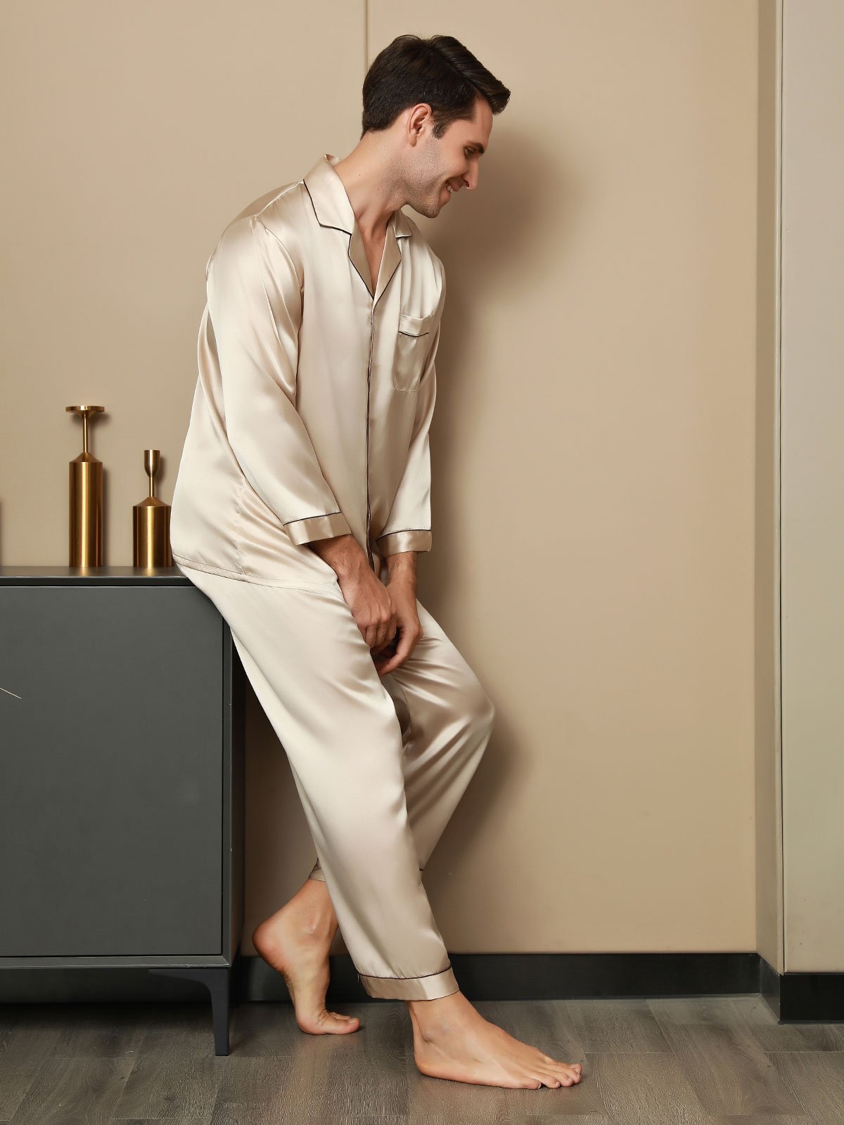 [Tan] SilkSilky-CA Pure Silk Long Sleeve Lapel Men's Pajamas 008