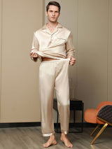 [Tan] SilkSilky-CA Pure Silk Long Sleeve Lapel Men's Pajamas 010
