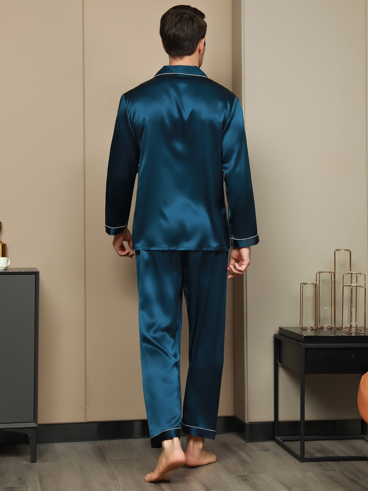 [Teal] SilkSilky-CA 19Momme Pure Silk Long Sleeve Lapel Men's Pajamas 002