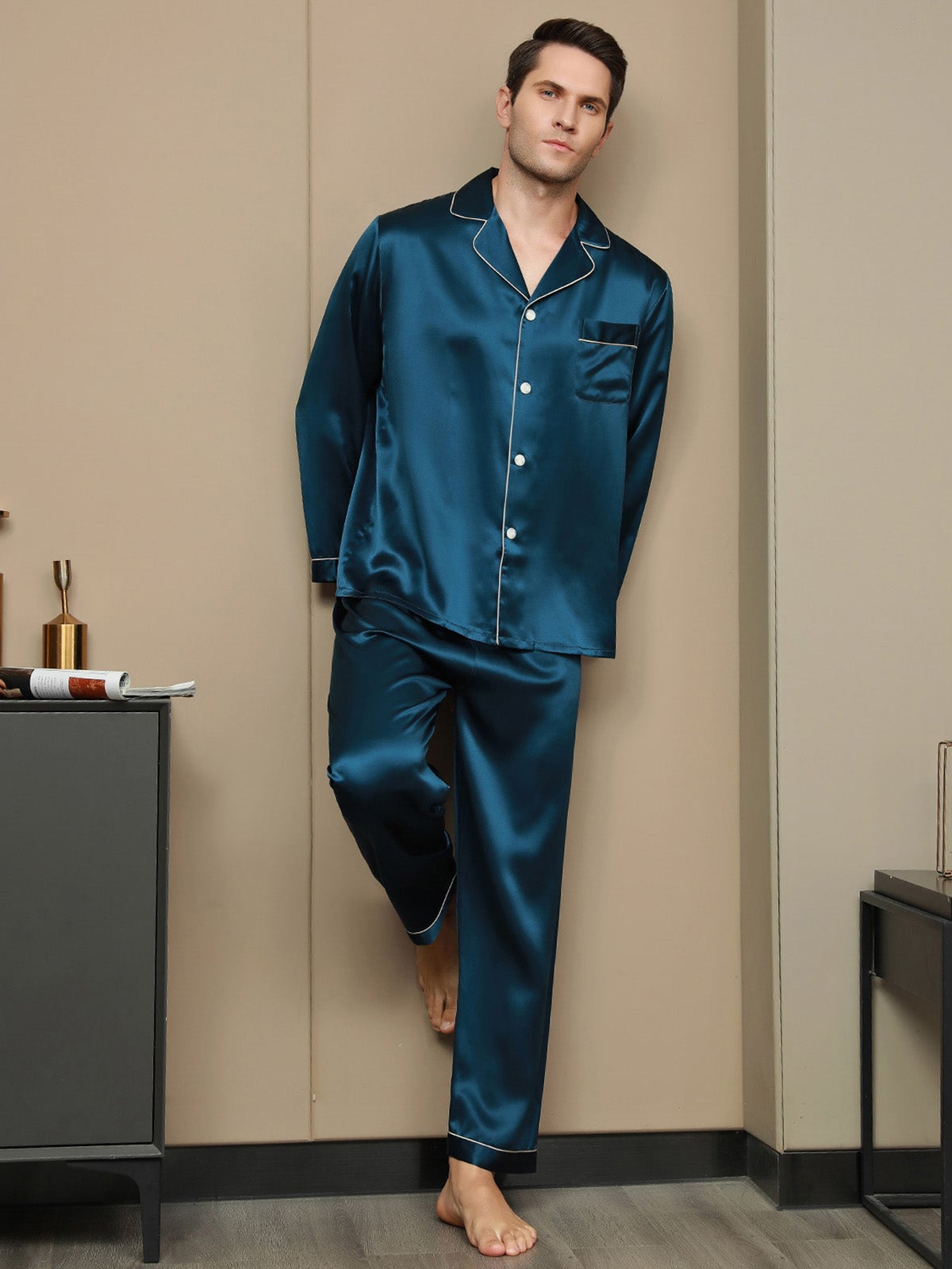 [Teal] SilkSilky-CA 19Momme Pure Silk Long Sleeve Lapel Men's Pajamas 004