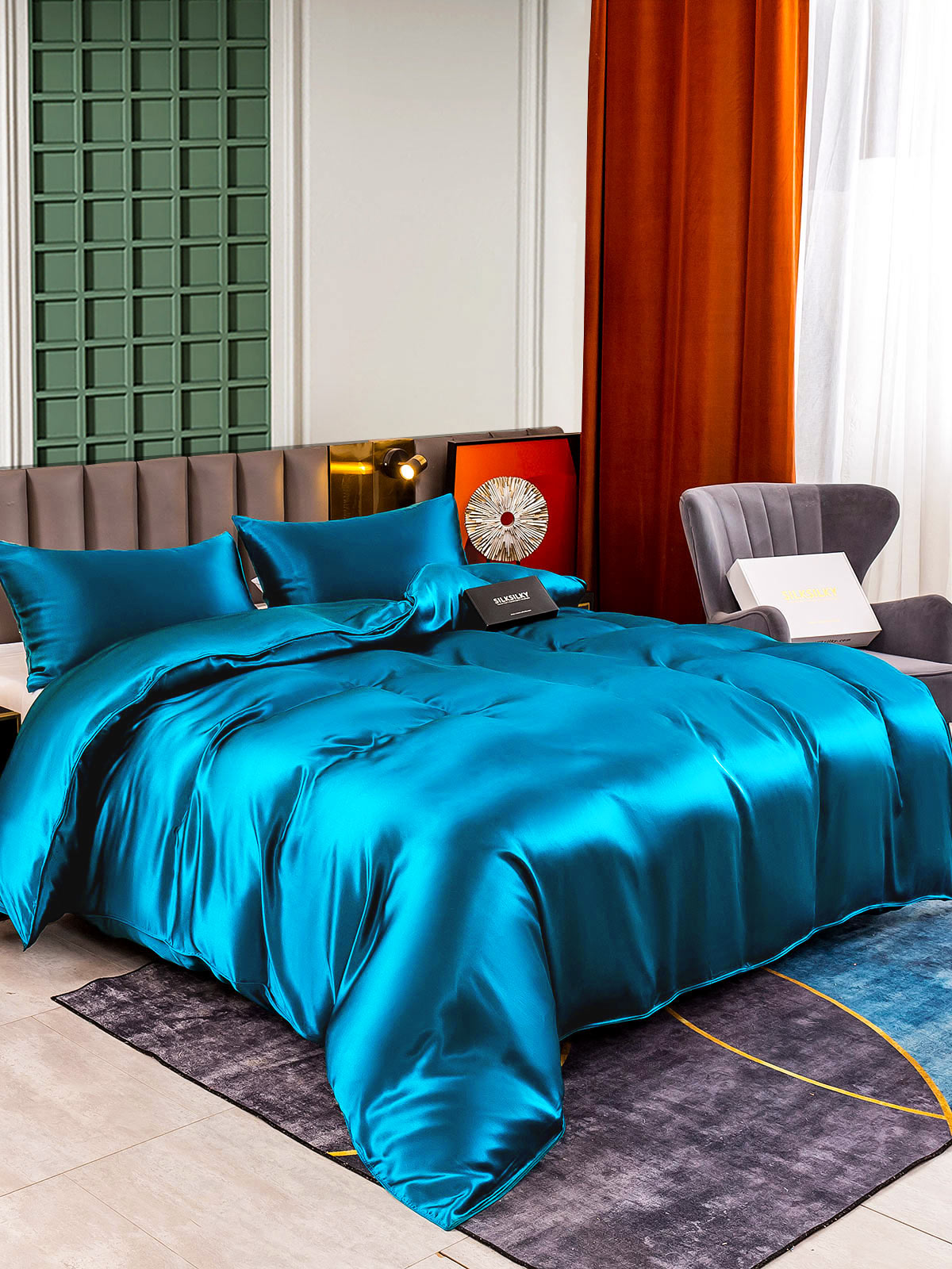 [Teal] SilkSilky-CA 25Momme Pure Silk Bedding Set 001