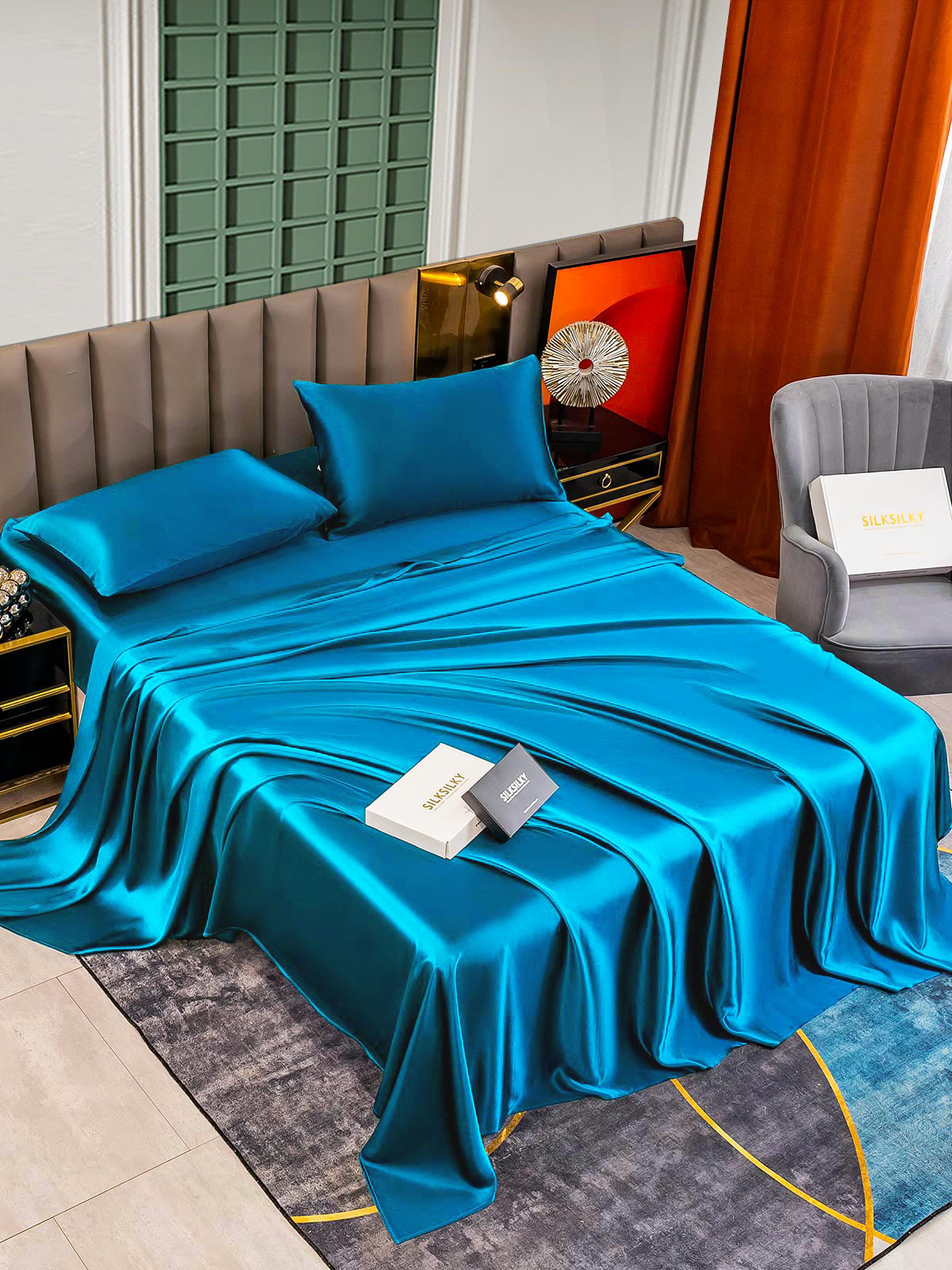 [Teal] SilkSilky-CA 25Momme Pure Silk Bedding Set 003