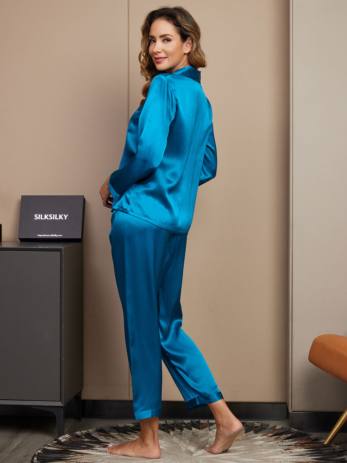 [Teal] SilkSilky-CA Pure Silk Long Sleeve Lapel Women's Pajamas 002