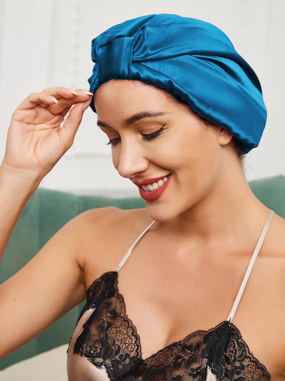 [Teal] SilkSilky-CA Pure Silk Sleep Cap 001