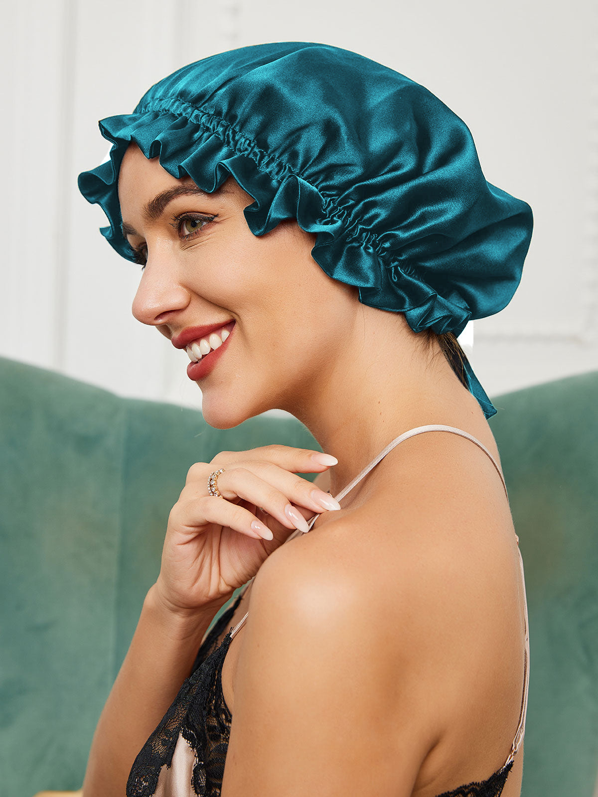 [Teal] SilkSilky-CA Pure Silk Sleep Cap 001