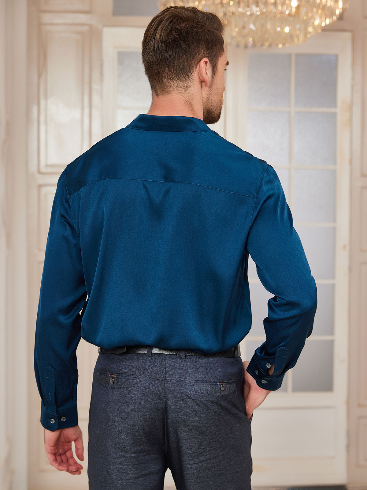 [Teal] SilkSilky-CA Silk Long Sleeve Collar Men's Shirt 002