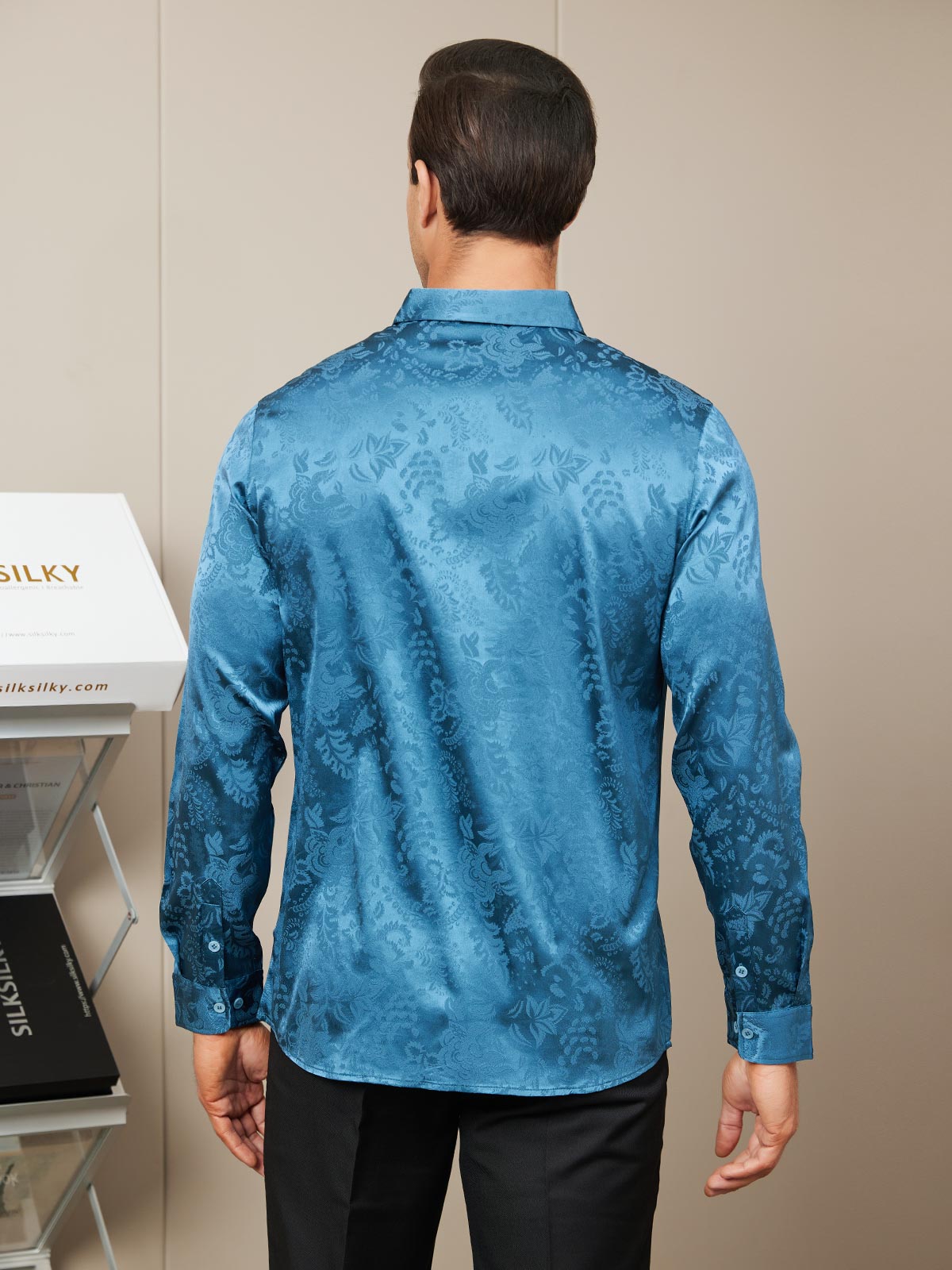[Teal] SilkSilky-CA Silk Long Sleeve Collar Men's Shirt 003