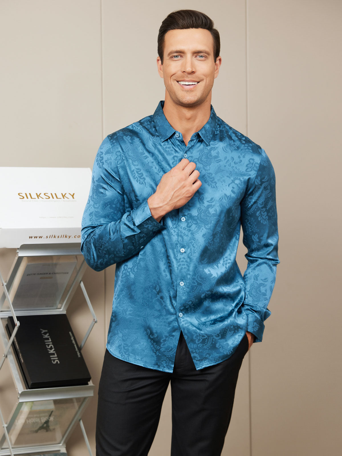 [Teal] SilkSilky-CA Silk Long Sleeve Collar Men's Shirt 005
