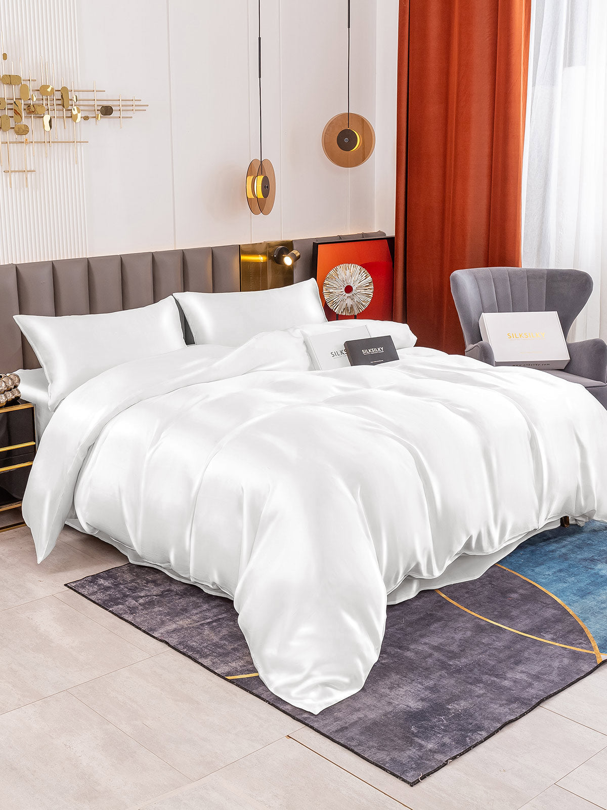 [White] SilkSilky-CA 19Momme Pure Silk Bedding Set 001