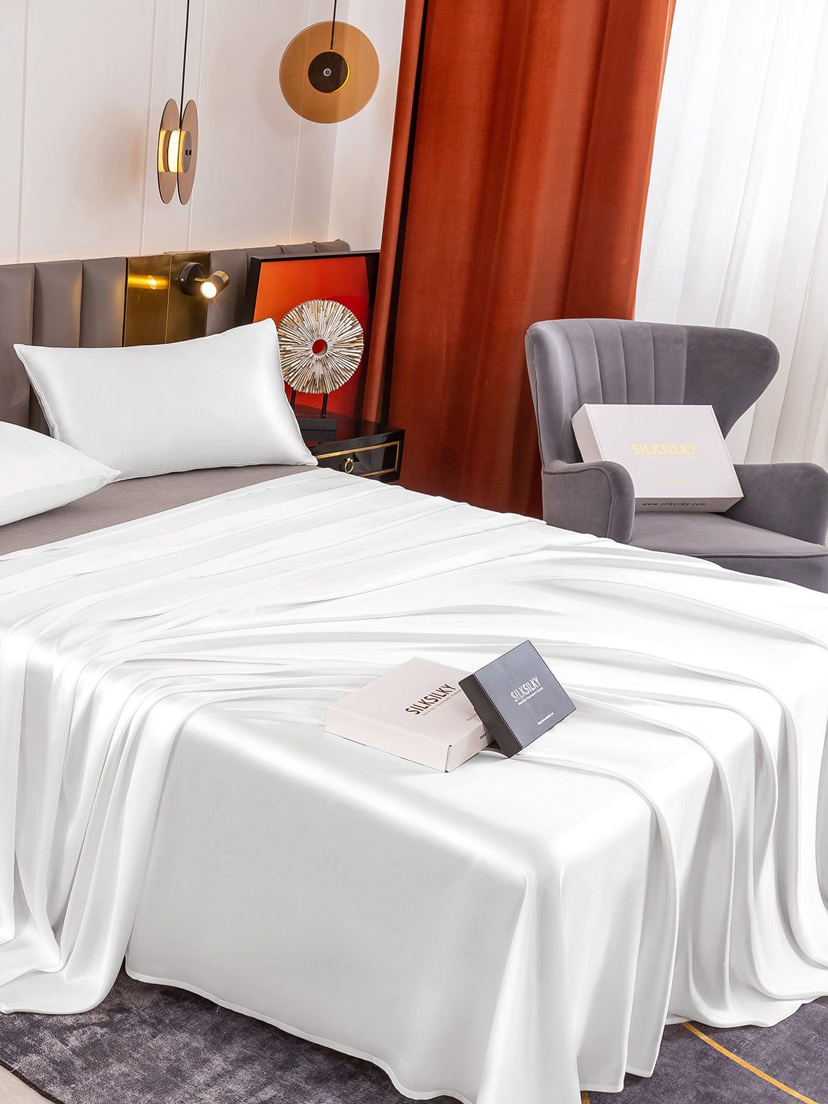 [White] SilkSilky-CA 19Momme Pure Silk Bedding Set 004