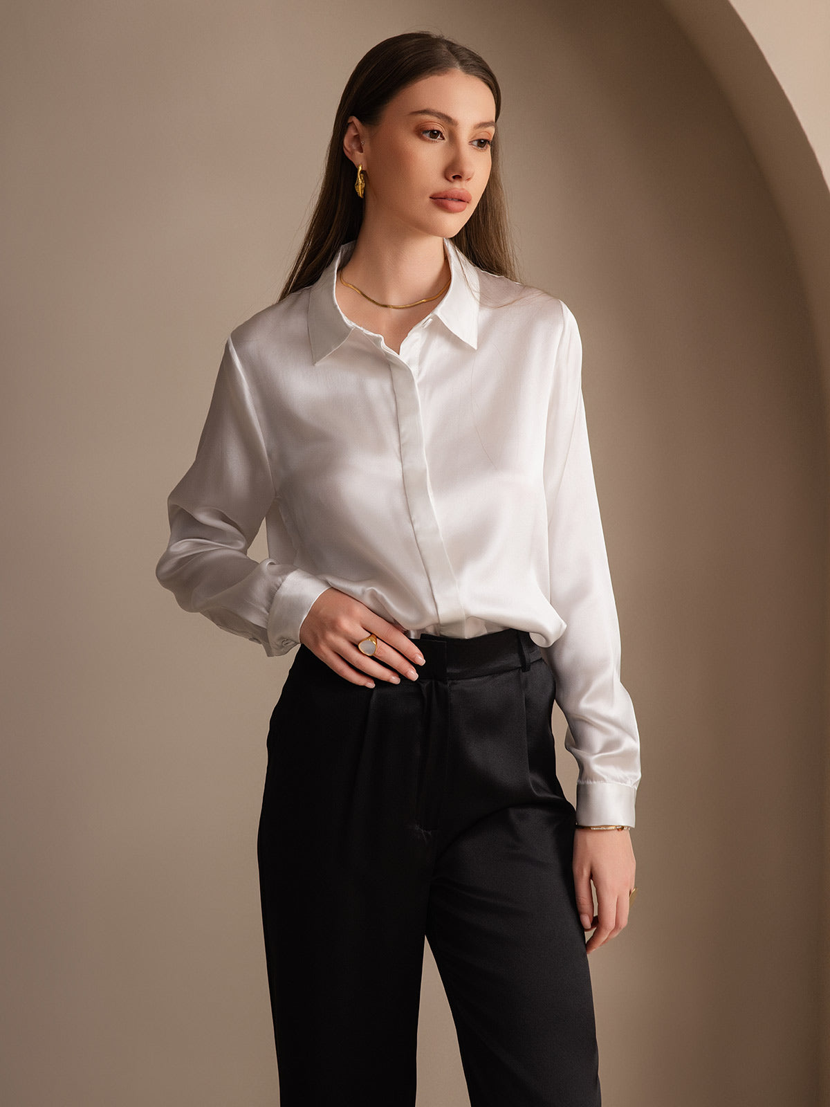 [White] SilkSilky-CA 19Momme Silk Lapel Collar Women's Shirt 001