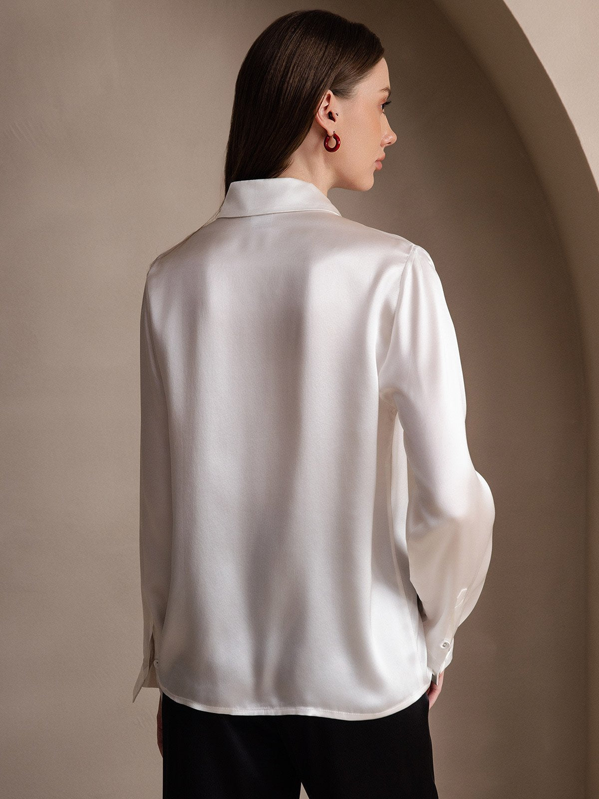 [White] SilkSilky-CA 19Momme Silk Lapel Collar Women's Shirt 002