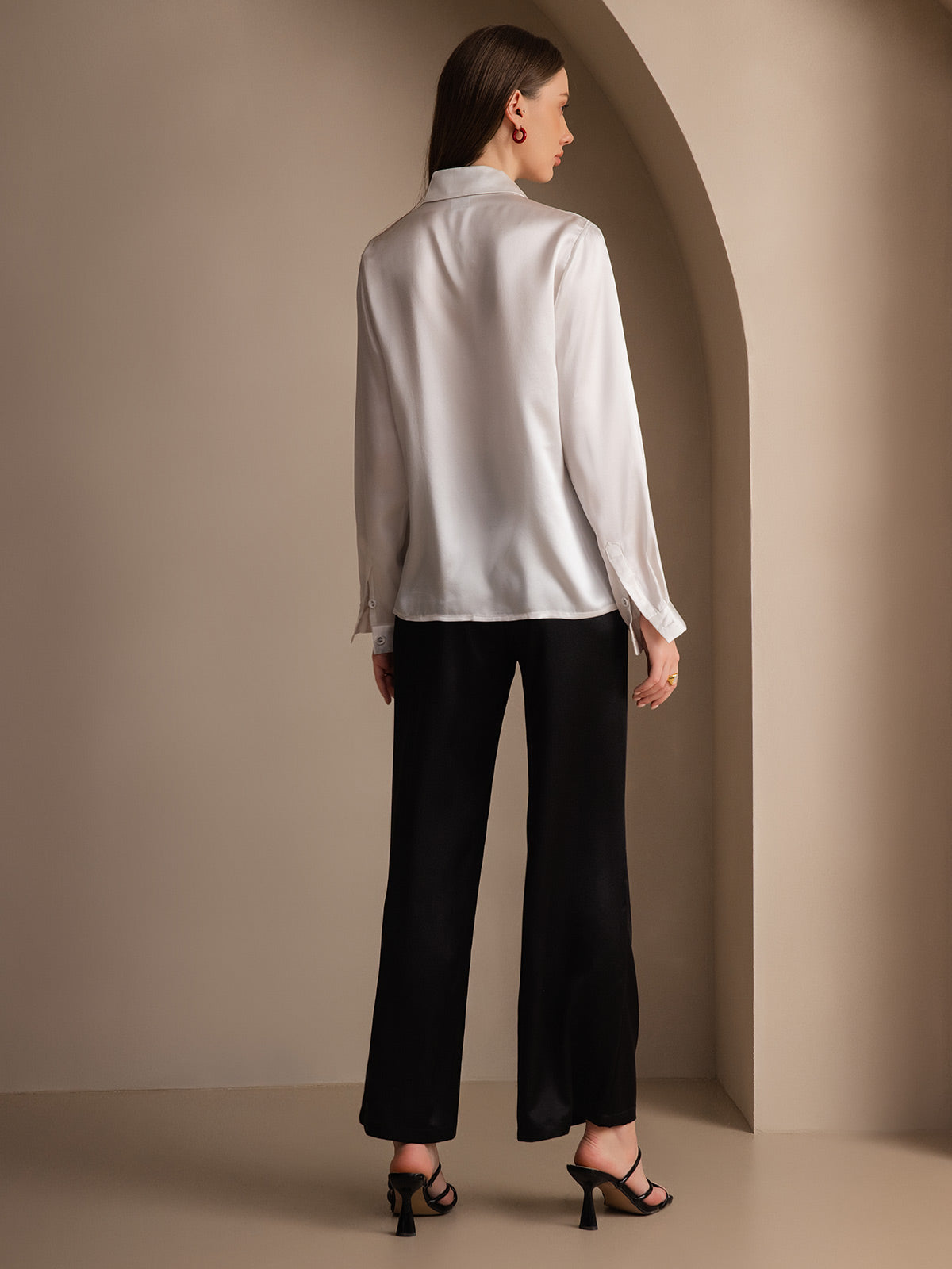 [White] SilkSilky-CA 19Momme Silk Lapel Collar Women's Shirt 002