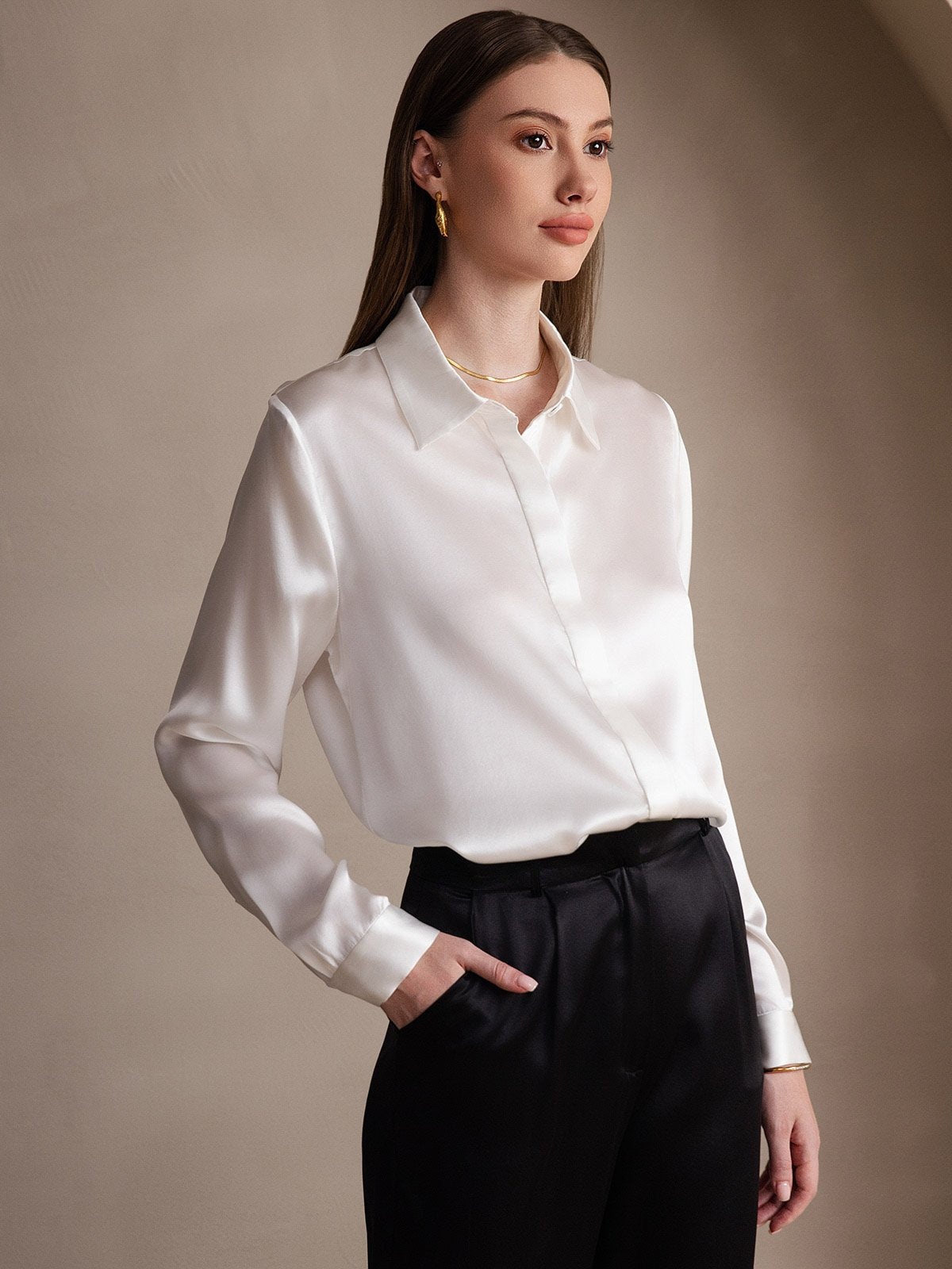 [White] SilkSilky-CA 19Momme Silk Lapel Collar Women's Shirt 004