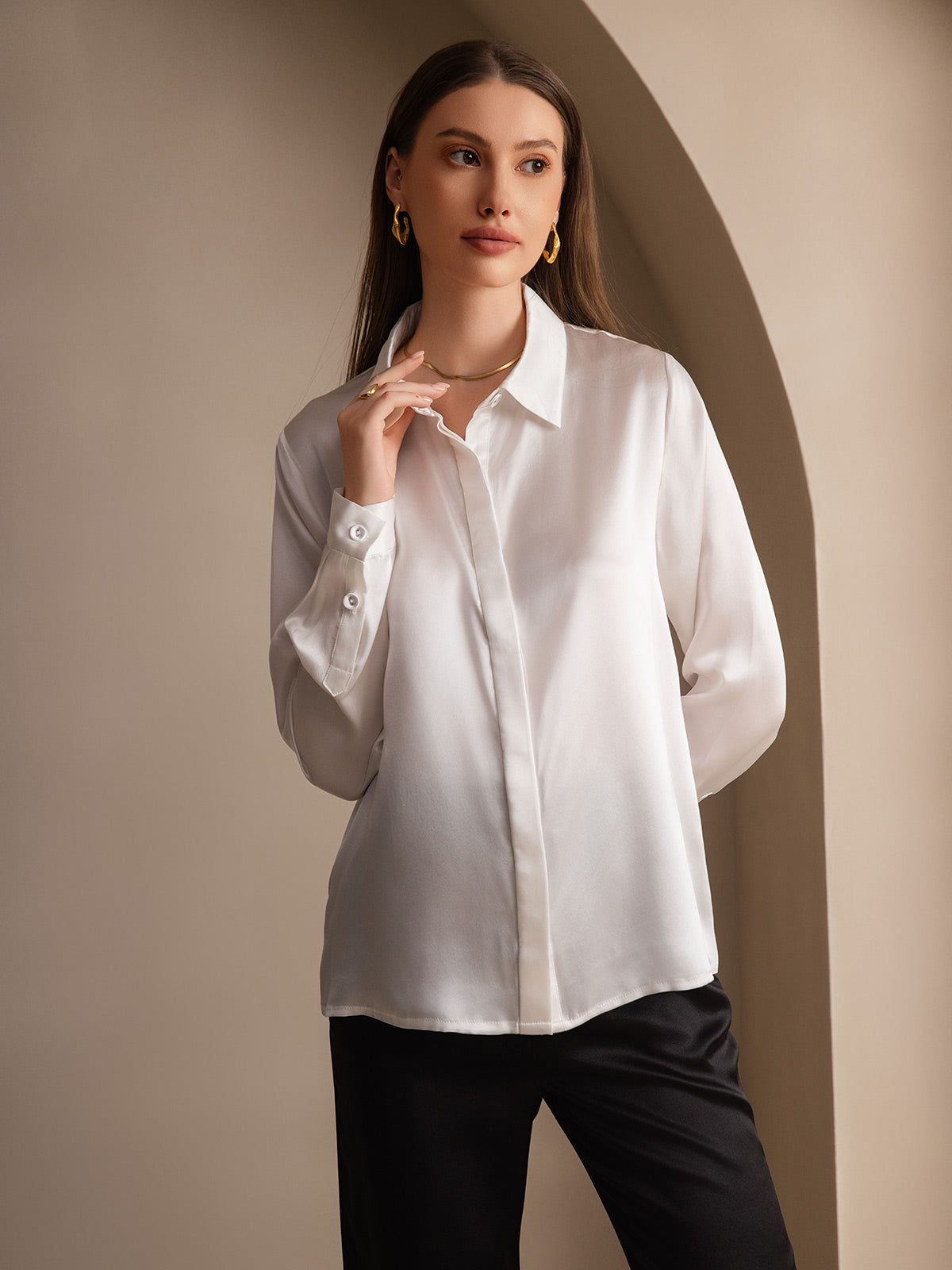 [White] SilkSilky-CA 19Momme Silk Lapel Collar Women's Shirt 004