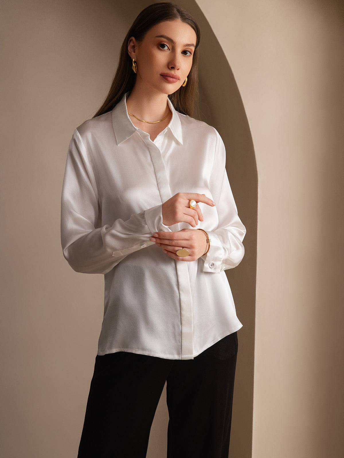 [White] SilkSilky-CA 19Momme Silk Lapel Collar Women's Shirt 005