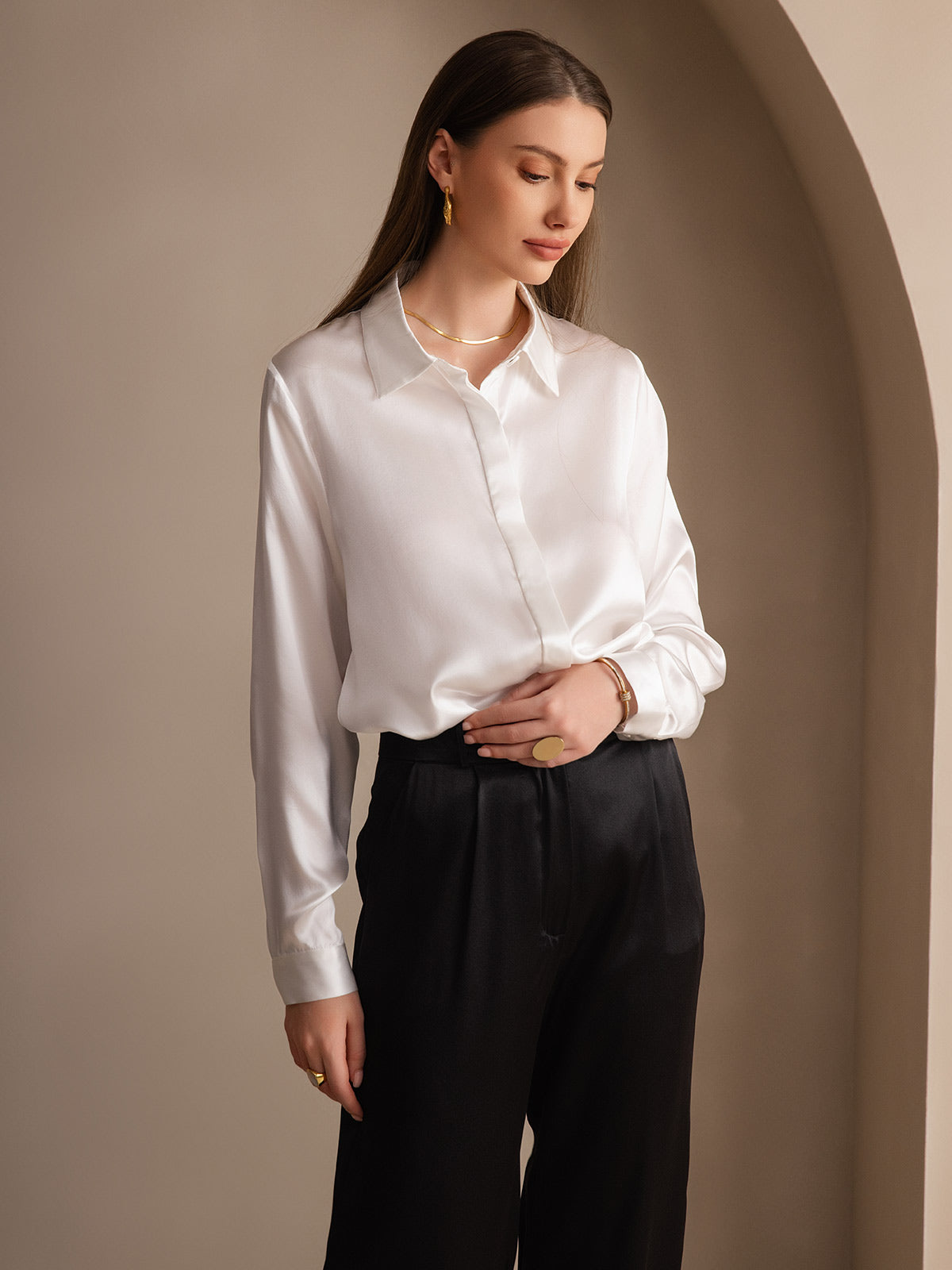 [White] SilkSilky-CA 19Momme Silk Lapel Collar Women's Shirt 006