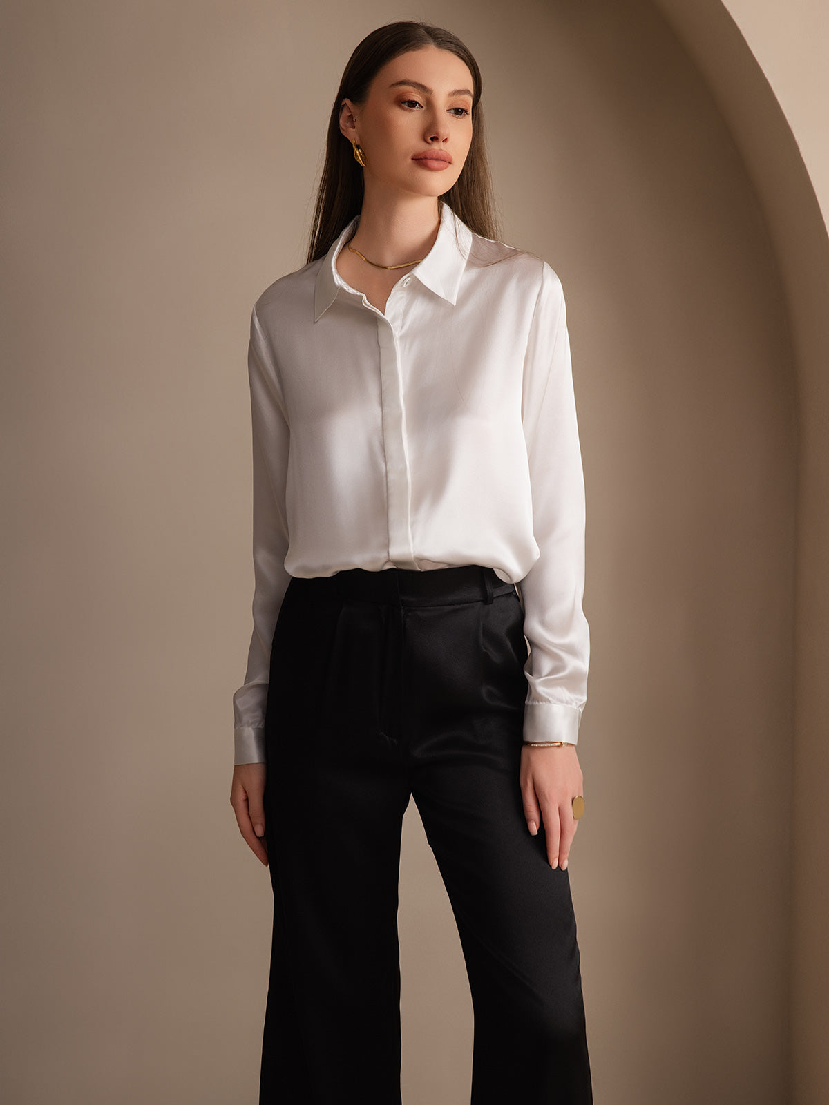 [White] SilkSilky-CA 19Momme Silk Lapel Collar Women's Shirt 007