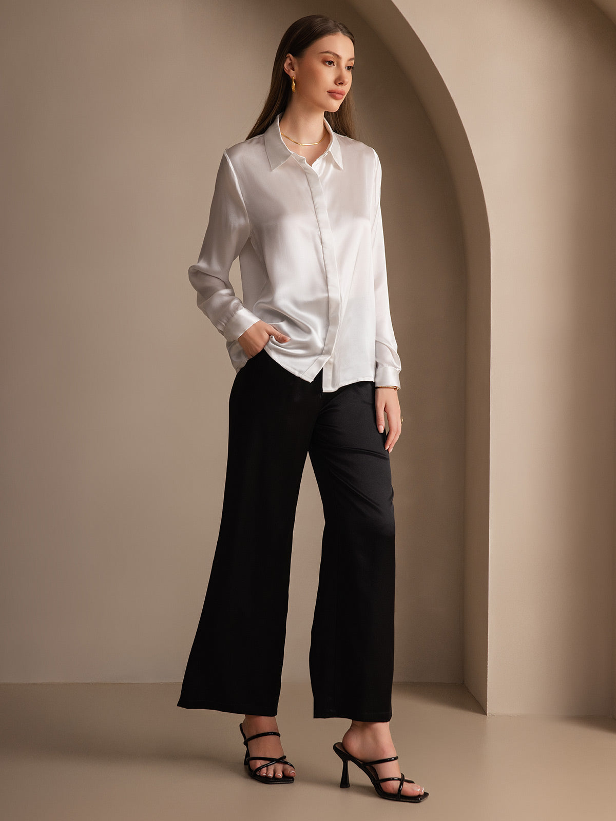 [White] SilkSilky-CA 19Momme Silk Lapel Collar Women's Shirt 008