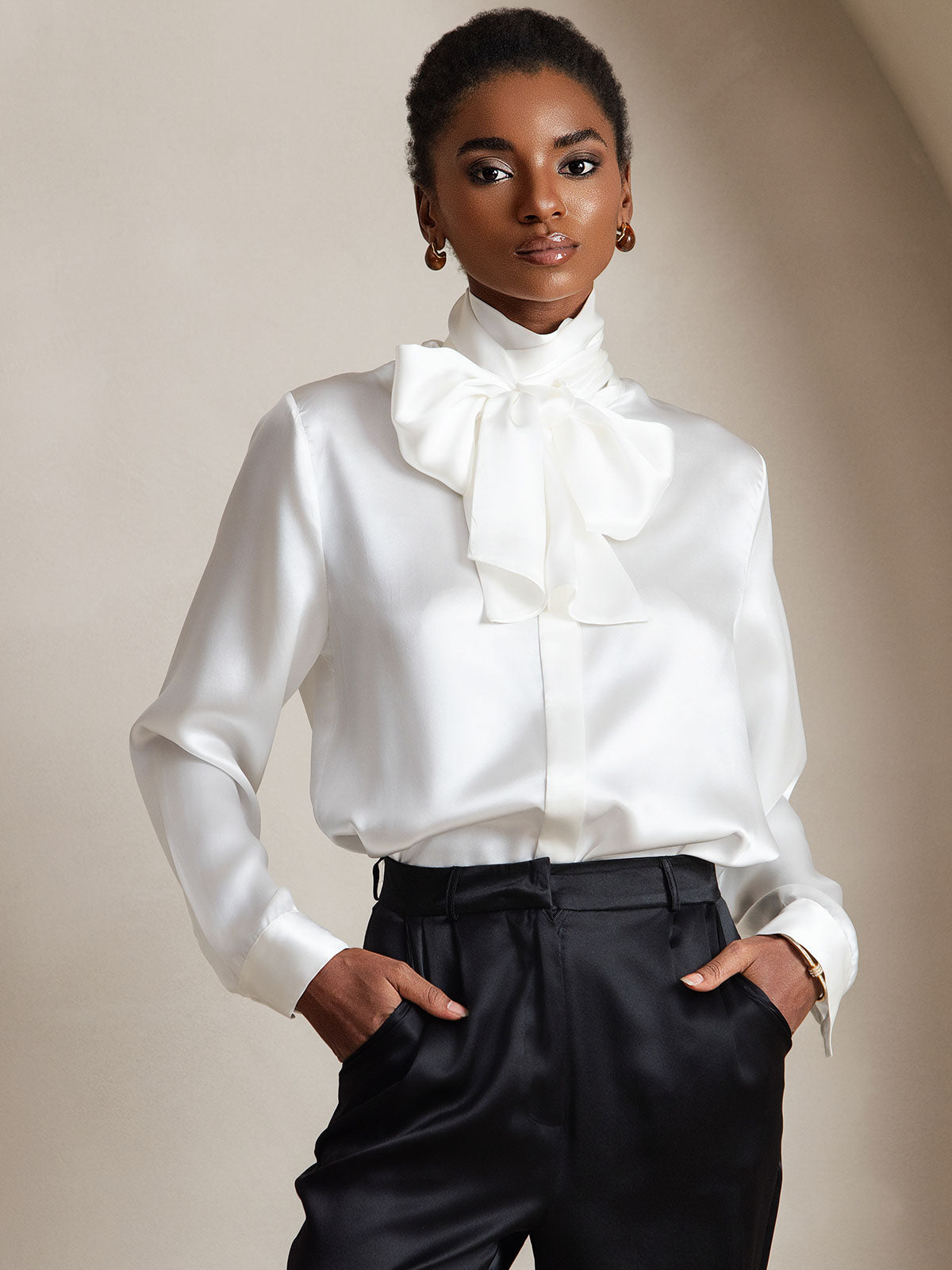 [White] SilkSilky-CA 19Momme Silk Long Sleeve Tie Neck Women's Shirt 001