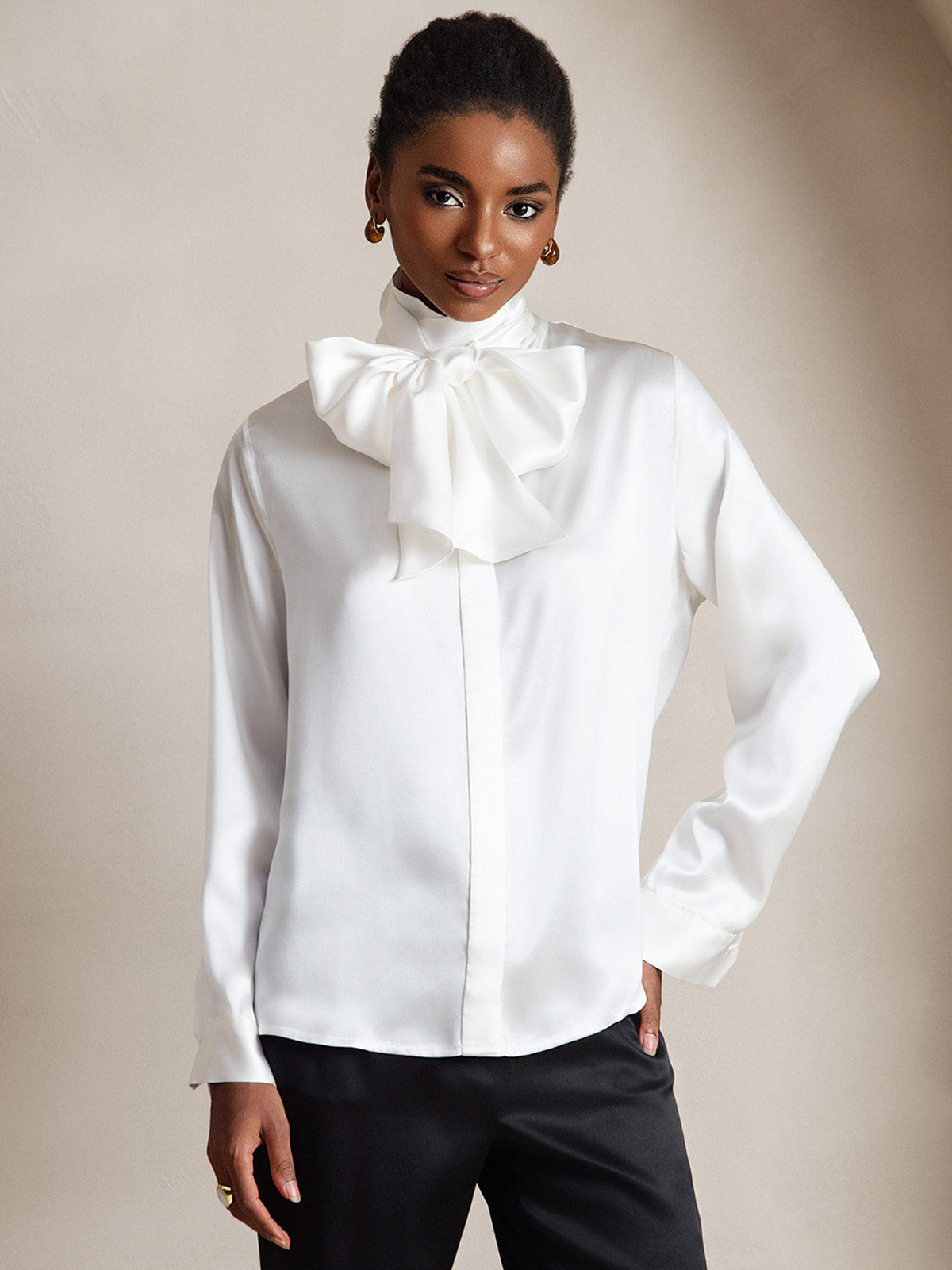 [White] SilkSilky-CA 19Momme Silk Long Sleeve Tie Neck Women's Shirt 003