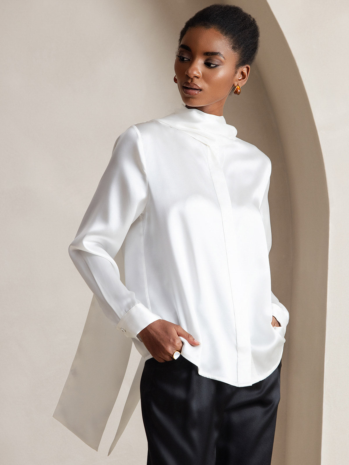 [White] SilkSilky-CA 19Momme Silk Long Sleeve Tie Neck Women's Shirt 006
