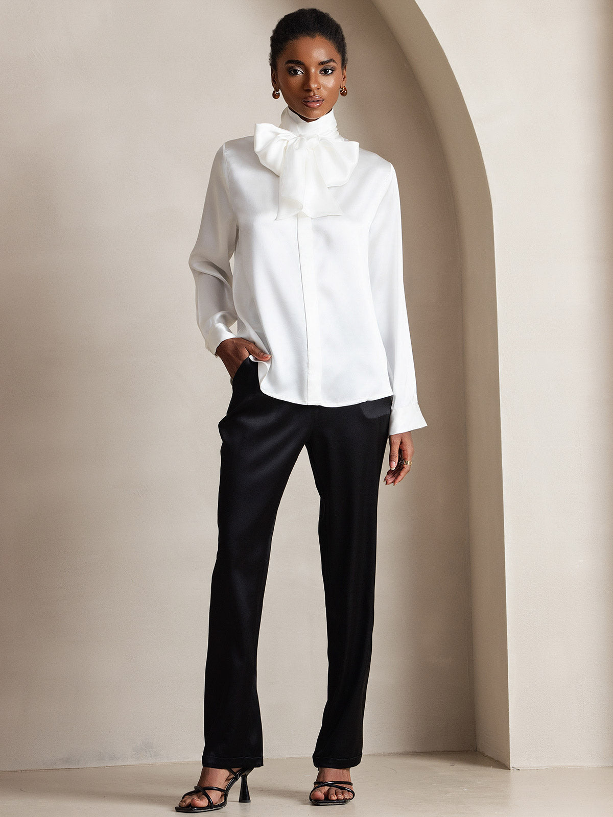 [White] SilkSilky-CA 19Momme Silk Long Sleeve Tie Neck Women's Shirt 007