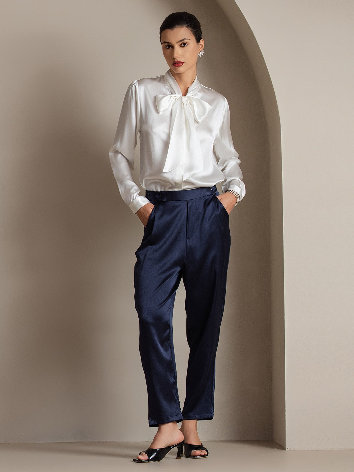 [White] SilkSilky-CA 19Momme Silk Long Sleeve Tie Neck Women's Shirt 007