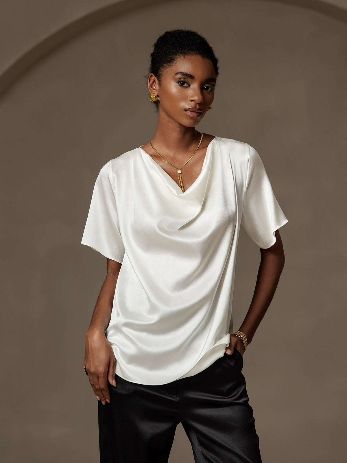[White] SilkSilky-CA 19Momme Silk Short Sleeve Cowl Neck Women's T-Shirt 003