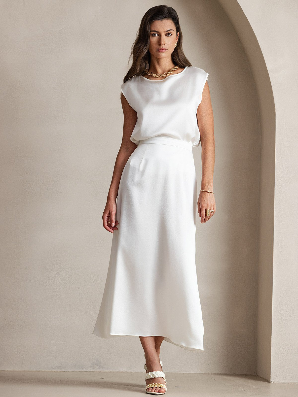 [White] SilkSilky-CA 19Momme Silk Skirt 003