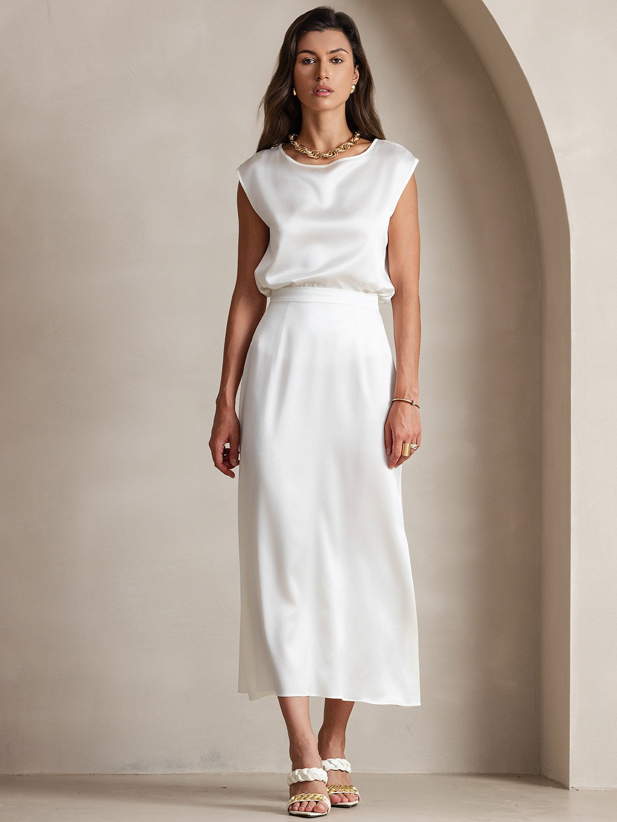 [White] SilkSilky-CA 19Momme Silk Skirt 005