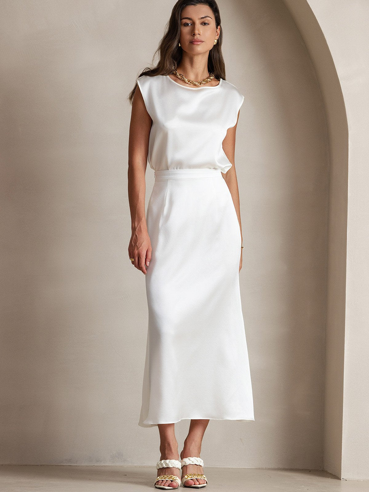 [White] SilkSilky-CA 19Momme Silk Skirt 006