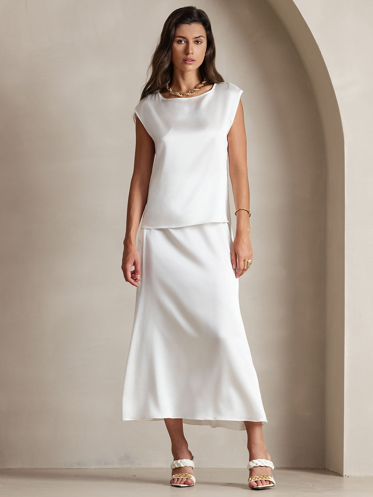 [White] SilkSilky-CA 19Momme Silk Sleeveless Round Neck Women's T-Shirt 001