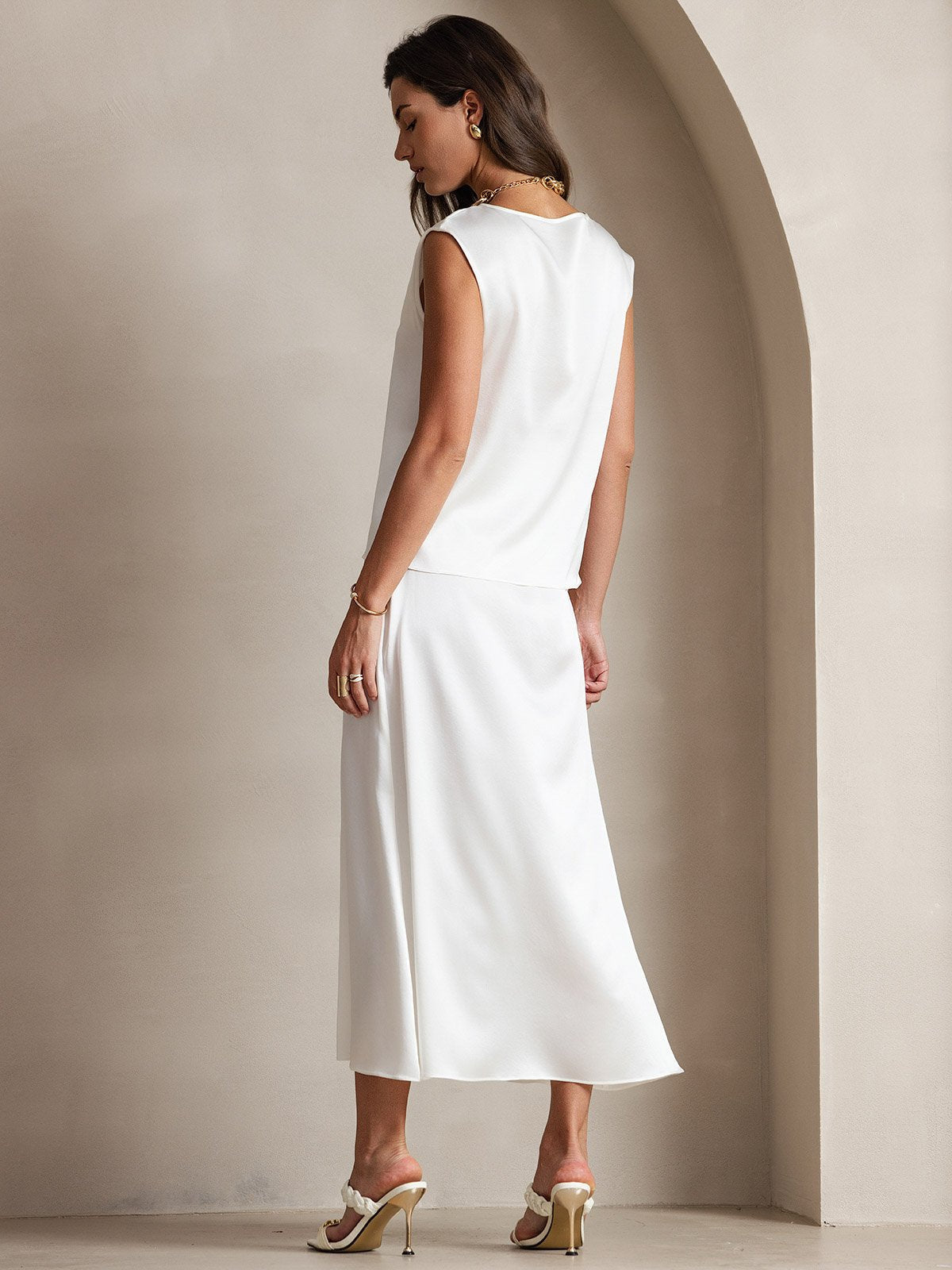 [White] SilkSilky-CA 19Momme Silk Sleeveless Round Neck Women's T-Shirt 002