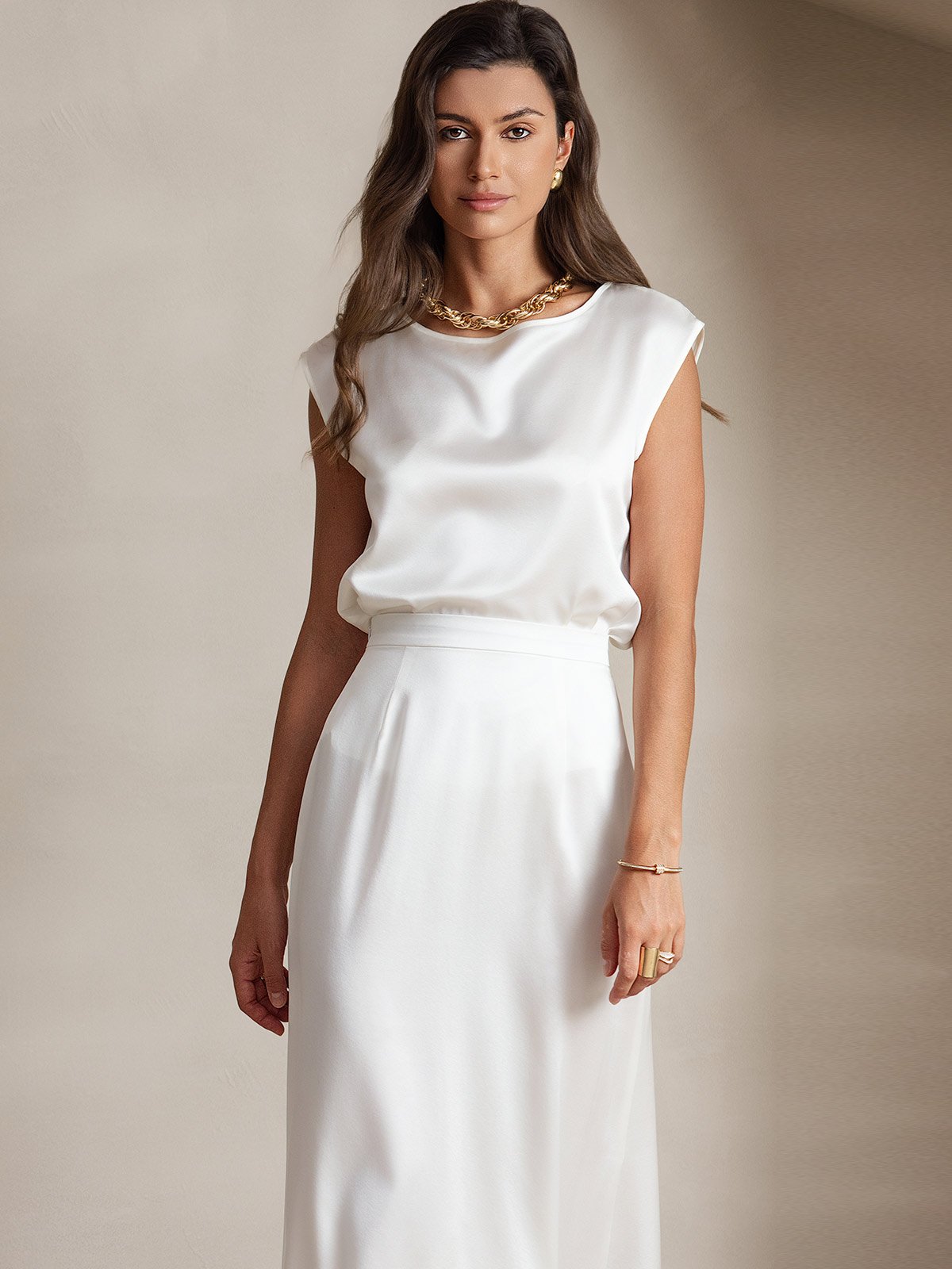 [White] SilkSilky-CA 19Momme Silk Sleeveless Round Neck Women's T-Shirt 003
